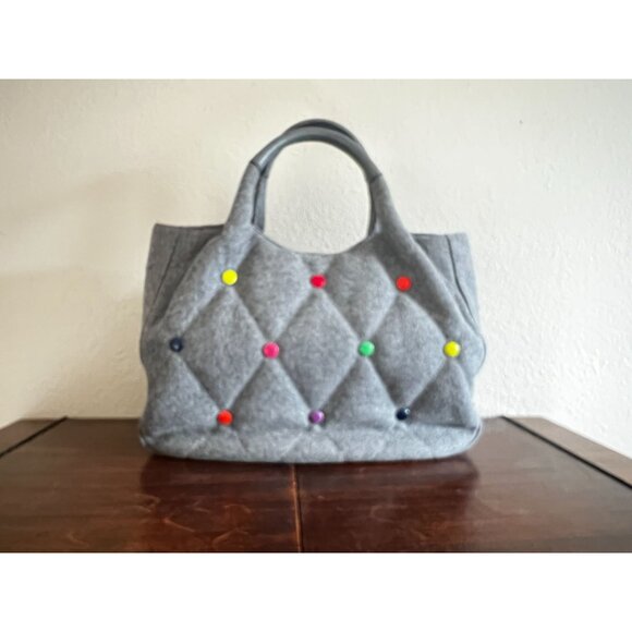 Kate Spade New York Gray Felt Tote Bag With Colorful Buttons & Leather Handles - Picture 8 of 14